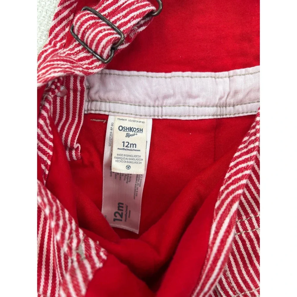 OshKosh B'gosh Overalls Kids 12m Red White Hickory Stripe Jersey Lined Dungarees